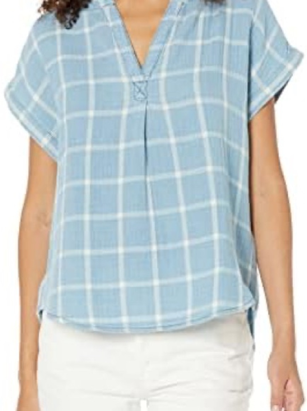 Lucky Brand Light Blue Plaid V-Neck Tunic Top